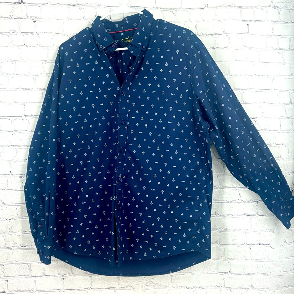 Club Room Blue 100% cotton casual dress shirt Male Size L Nautical Motif